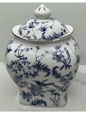 Grace Teaware Cookie Jar 7” H BLUE FLORAL BIRDS 4” diameter New